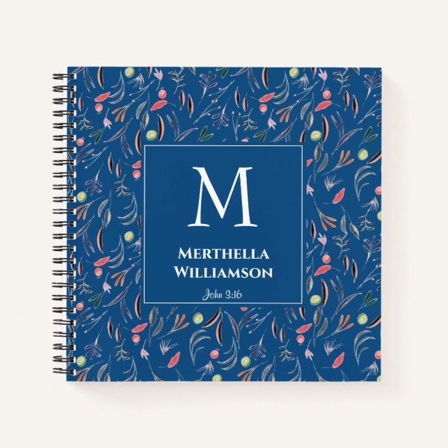 Carnet Bleu | Floral Personnalisé | Élégant MONOGRAM (Devant)
