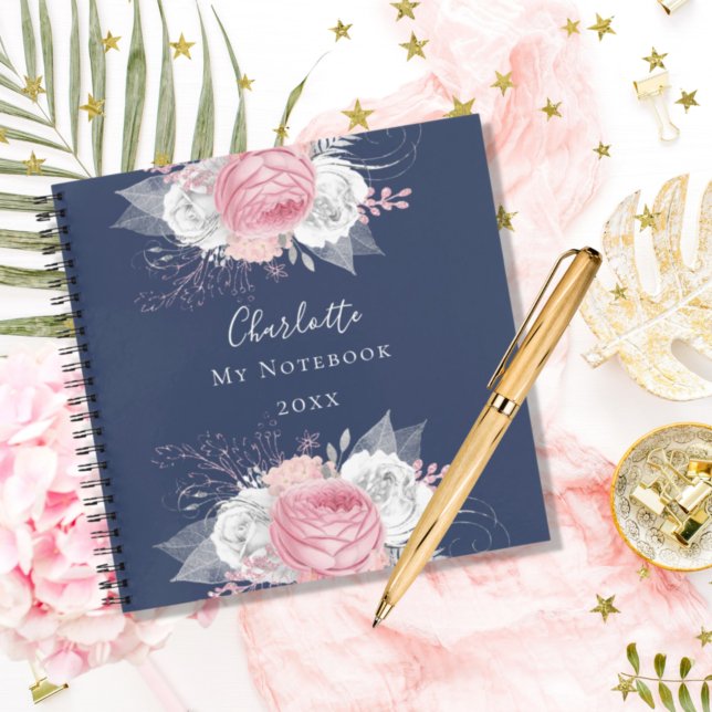 Carnet Bleu floral rose argent feuillage blanc nom (Créateur téléchargé)