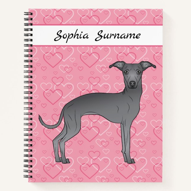 Carnet Bleu Italien Greyhound Chien mignon Sur Coeur Rose (Devant)