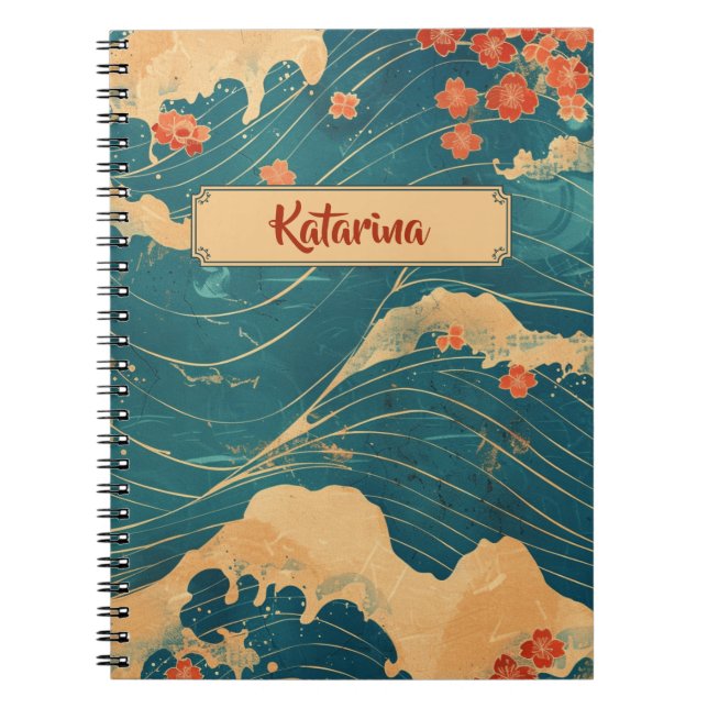 Carnet Bleu japonais Vague Cerisier Fleurs Motif classiqu (Devant)