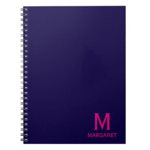 Carnet Bleu marine & monogramme prénom moderne fuchsia