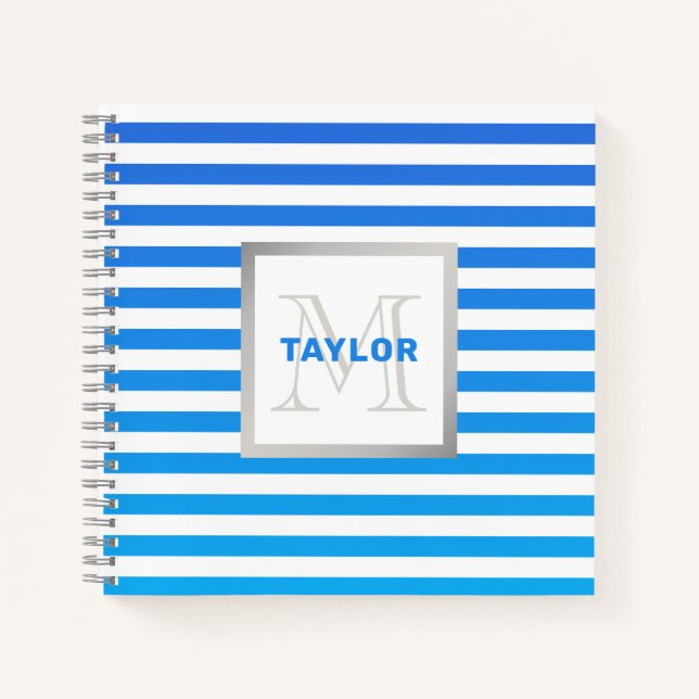 Carnet Bleu Moderne Grilles Ombre De Nom Monogramme (Devant)