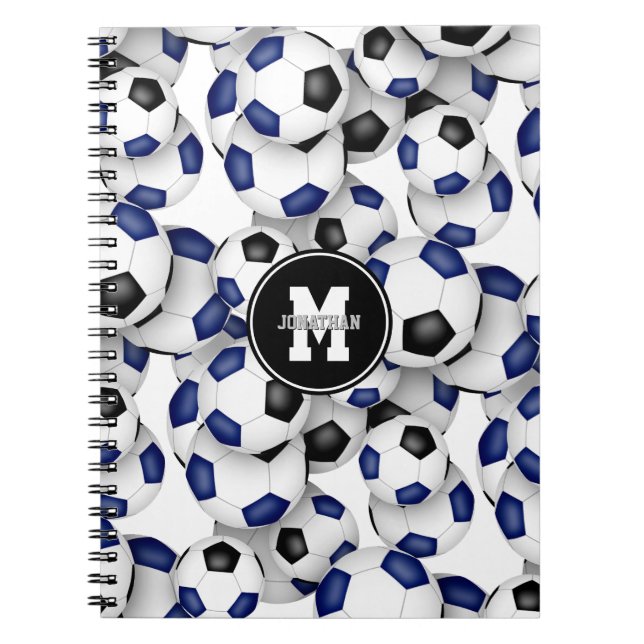 Carnet bleu noir balle de football motif monogrammed (Devant)
