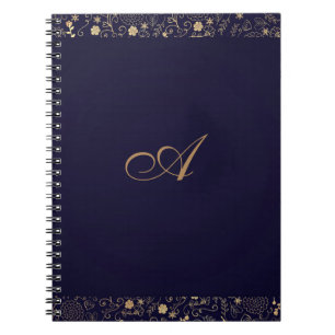 Carnet Bleu Nuit et Or Élégant Floral Rustique Feuille de
