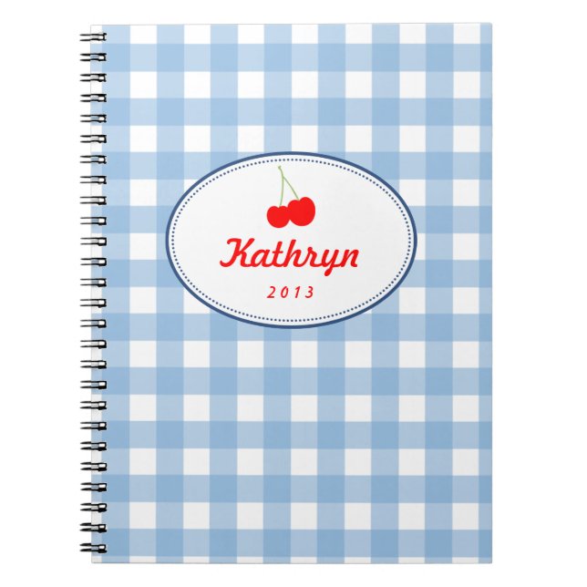 Carnet Bleu pays en vichy motif rouge cerise personnelle (Devant)