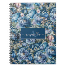 Bleu peony floral Nom du monogramme