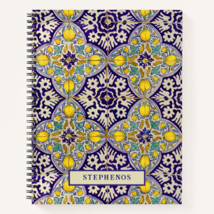 Carnet Bleu personnalisé Motif méditerranéen Fleurs jaune