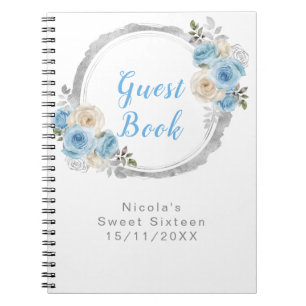 Carnet Bleu Poussiéreux Fleurs Élégantes Argent Douce Sei
