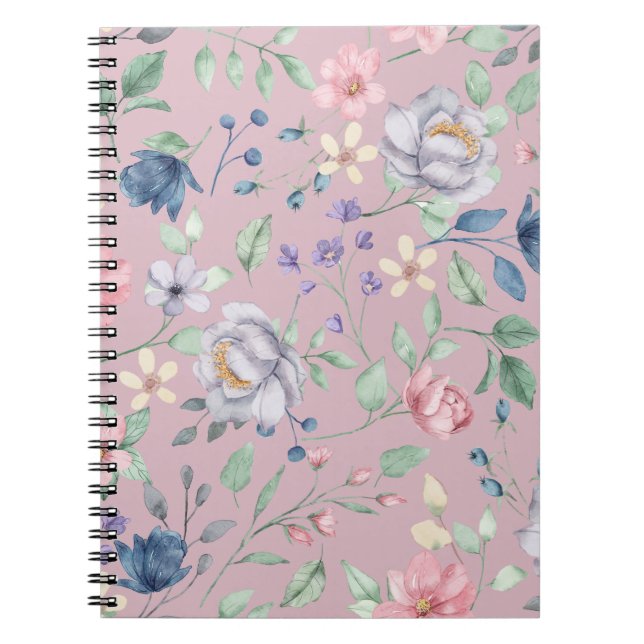 Carnet Bleu rose et jaune Floral pourpre (Devant)