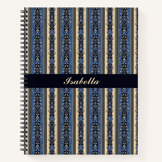 Carnet Blue and Gold Damask Stripes (Devant)