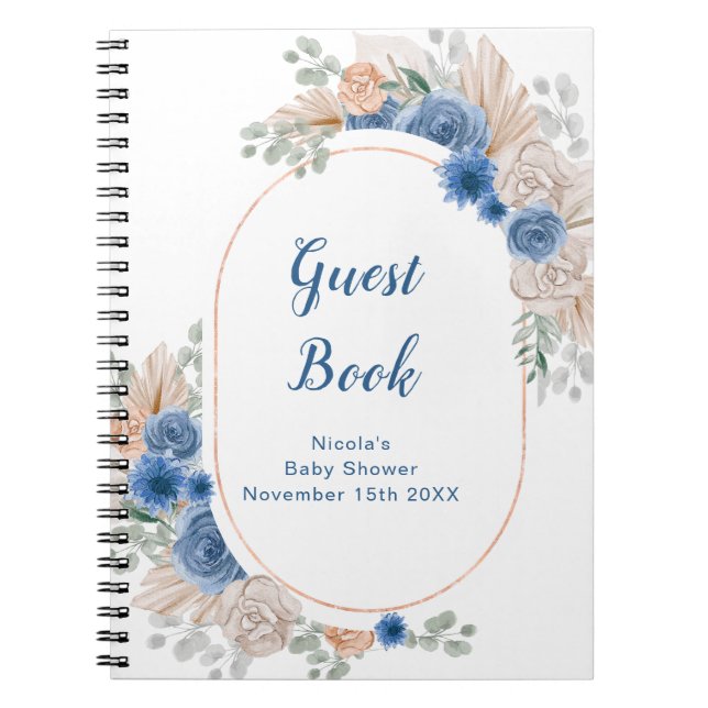 Carnet Blue Boho Pampas Grass Baby Shower Guest Book (Devant)