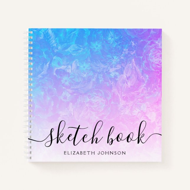 Carnet Blue Pink Ombre Floral Girl Name Sketchbook (Devant)
