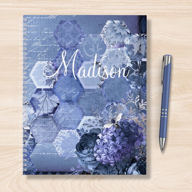 Carnet Blue Silver Bee Floral Girly Chic Nom moderne (Créateur téléchargé)