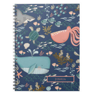Carnet Blue Watercolor Ocean Animal Art Nom Monogramme