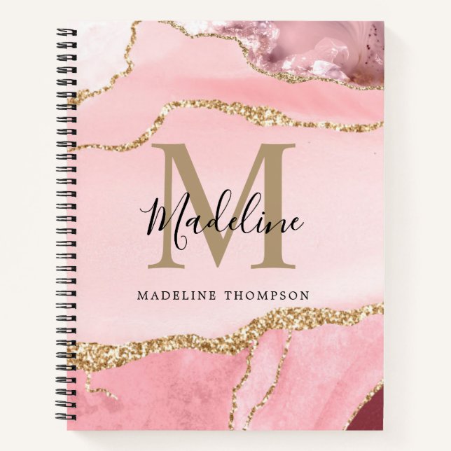 Carnet Blush Rose Glam Agate Géode Monogramme Script Or (Devant)