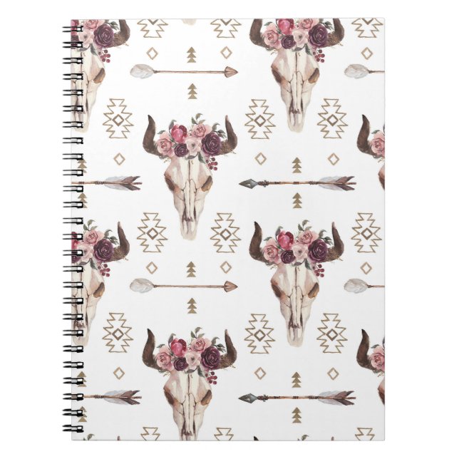 Carnet Boho aquarelle : flèches, motif crâne. (Devant)