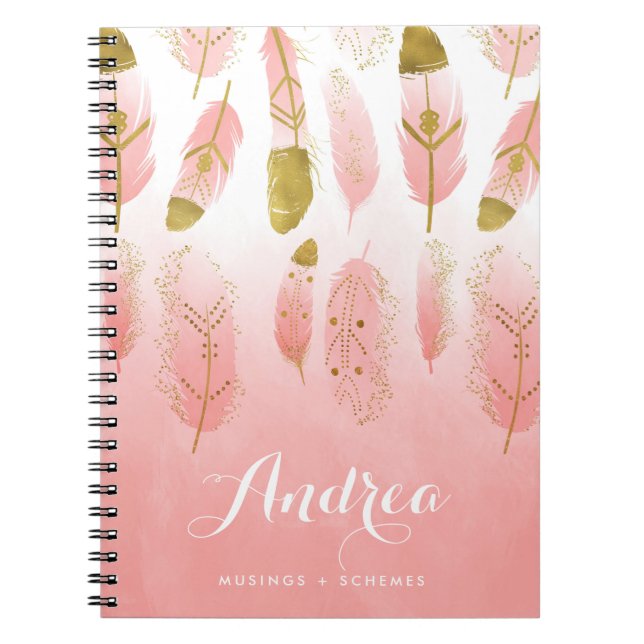 Carnet Boho Blush Plumes rose Ombre Personnalisé (Devant)