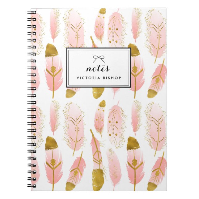 Carnet Boho Blush Plumes rose Or Foil Personnalisé (Devant)