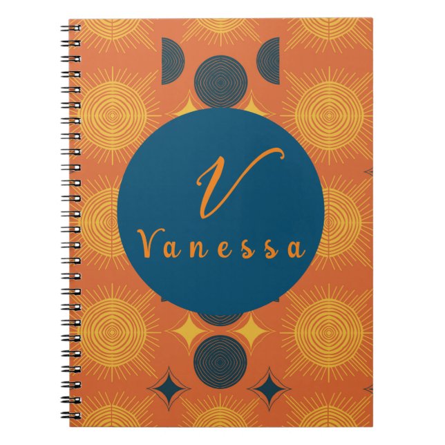 Carnet Boho Céleste Soleil Lune Orange Script Monogramme (Devant)