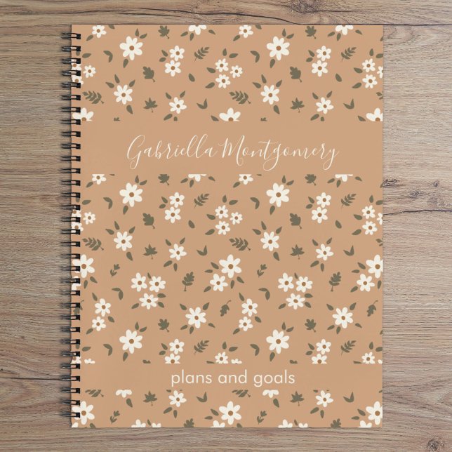 Carnet Boho Floral Botanical Pattern Girl Brown Name Text (Créateur téléchargé)
