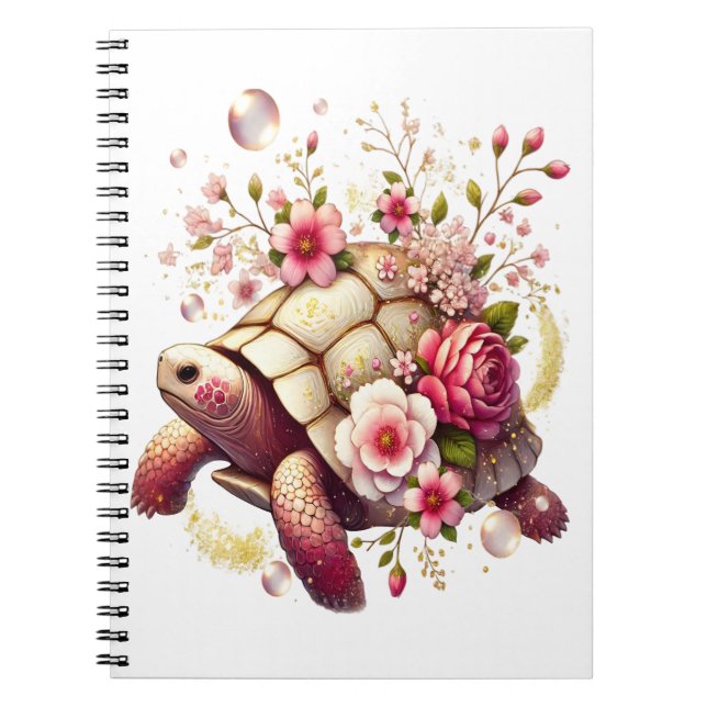 Carnet Boho Floral Tortue de mer rose Fleur (Devant)
