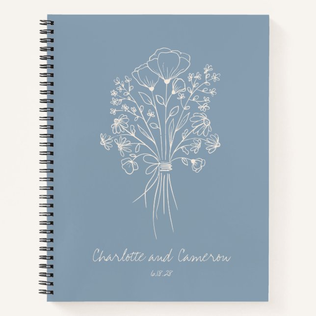 Carnet Boho Flower Line Art Mariage personnalisé Bleu (Devant)