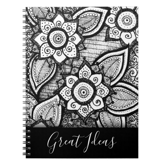 Carnet Boho noir et blanc Chic Mandala motifs floraux (Devant)