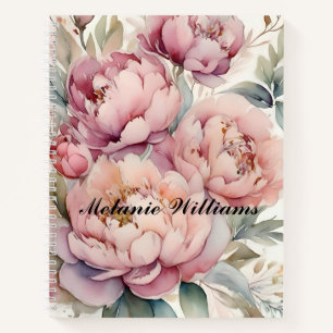 Carnet Boho Pink Watercolor Peonies   Nom personnalisé