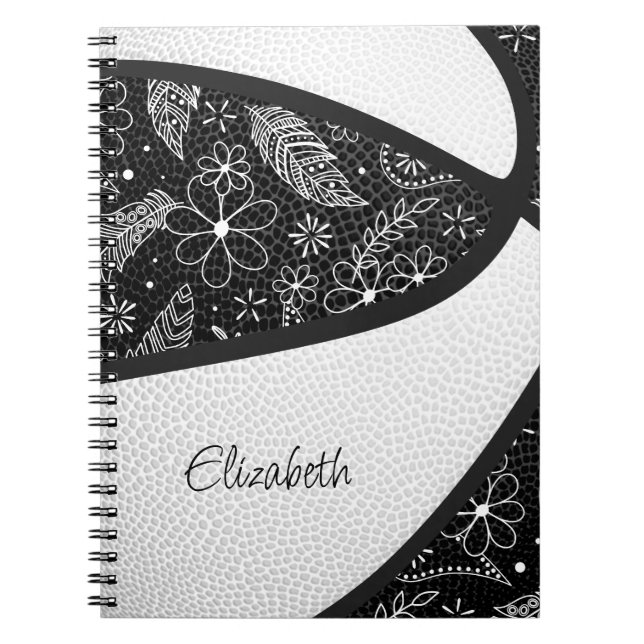 Carnet Boho plumes paislies noir blanc basketball (Devant)