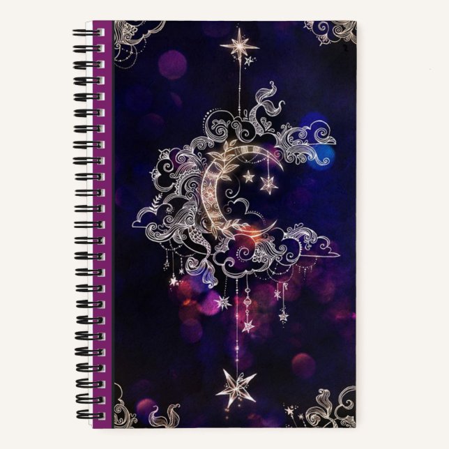 Carnet Boho Stars & Moon Purple Ajouter Nom Retour Couver (Recto)