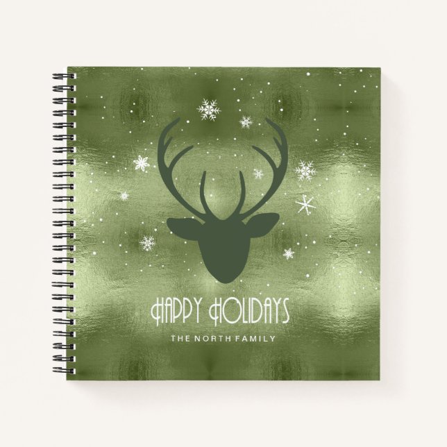 Carnet Bois de cerf silhouette & Flocons de neige Vert ID (Devant)