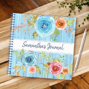 Carnet Bois rustique bleu aquarelle fleurie carré personn