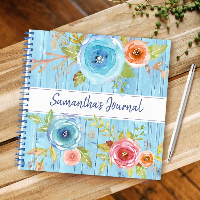 Carnet Bois rustique bleu aquarelle fleurie carré personn (Créateur téléchargé)