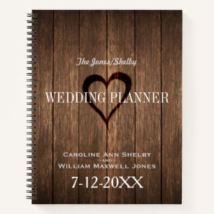 Carnet Bois rustique et Wedding planner cardiaque gravé