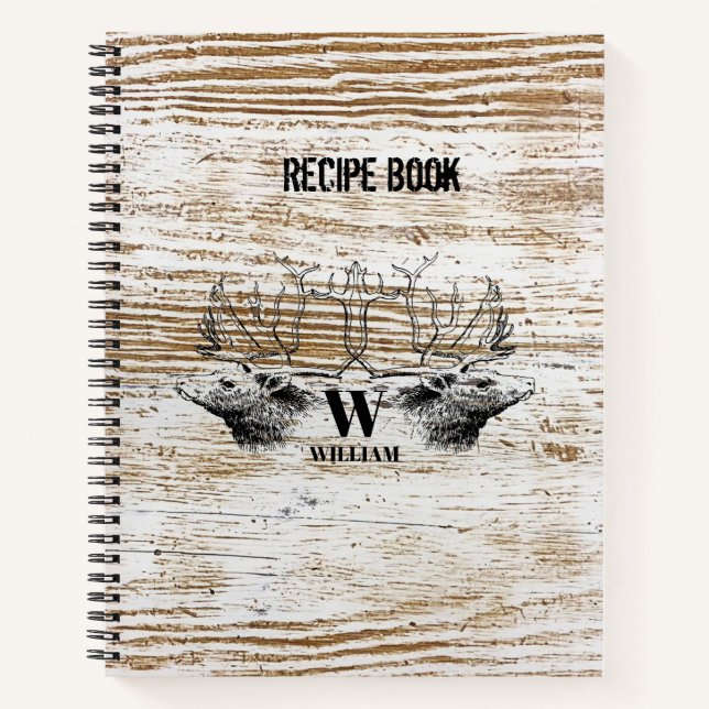 Carnet Bois rustique Texture Cerf Bois Monogramme Recette (Devant)