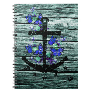 Carnet Bois vintage et Ancre noire avec les papillons