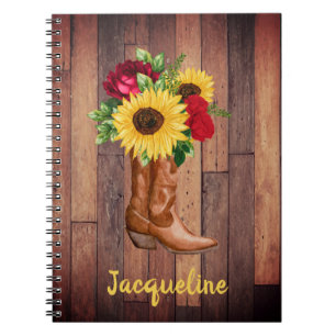 Carnet Bottes de cowgirl en bois rustique Tournesols Rose