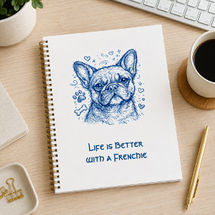 Carnet Bouledogue français bleu doodle ligne art frenchie