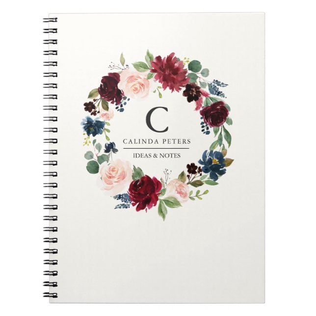 Carnet Bouquet Bourgogne | monogramme floral (Devant)