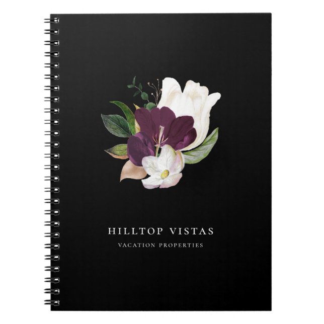 Carnet Bouquet floral violet ivoire moderne noir (Devant)