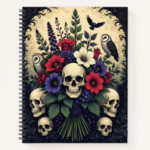 Carnet Bouquet gothique avec crânes et hiboux