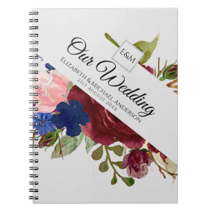 Carnet Bourgogne bleu rose Fleurs Nouveaux mariés Cadeaux