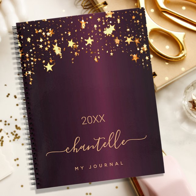 Carnet Bourgogne or étoiles monogramme nom chic moderne (Créateur téléchargé)