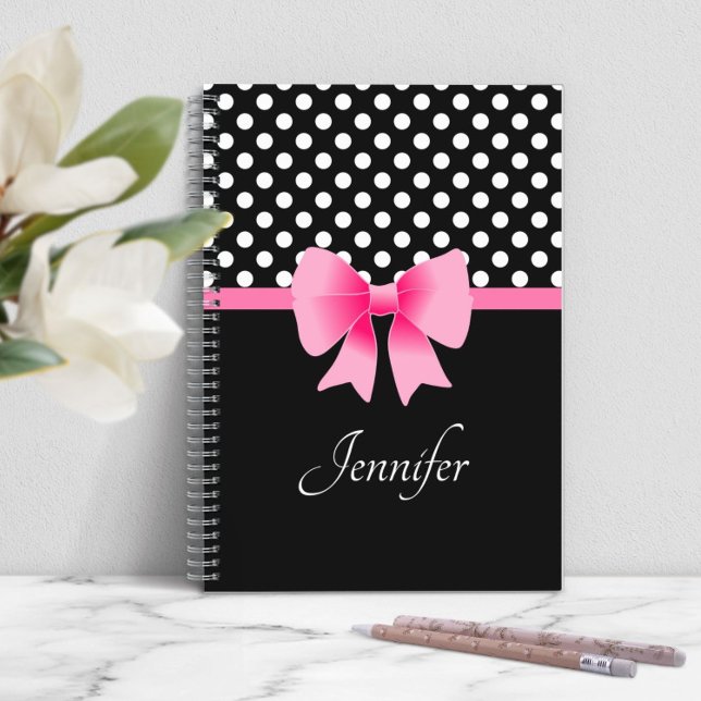 Carnet Bow rose Noir Et Blanc Nom (Personalized Elegant Script Pink Bow Notebook)