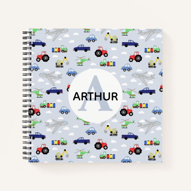 Carnet Boys mignonne Transport Motif et nom Enfants Monog (Devant)