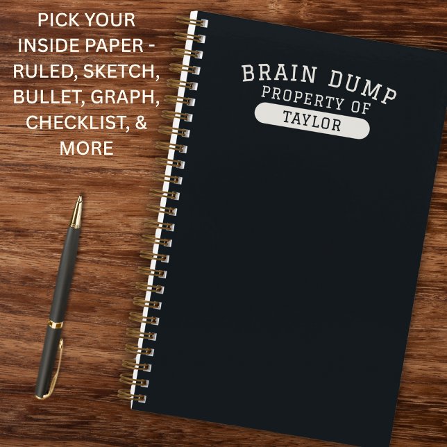 Carnet Brain Dump Personalized Name Modern Stylish Black (Clean collegiate style with a modern edge.)