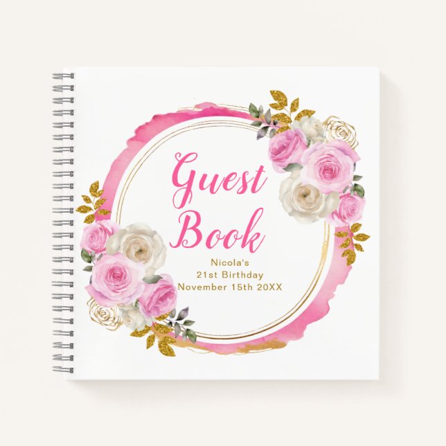Carnet Bright Pink Gold Elegant Flowers Birthday Party (Devant)