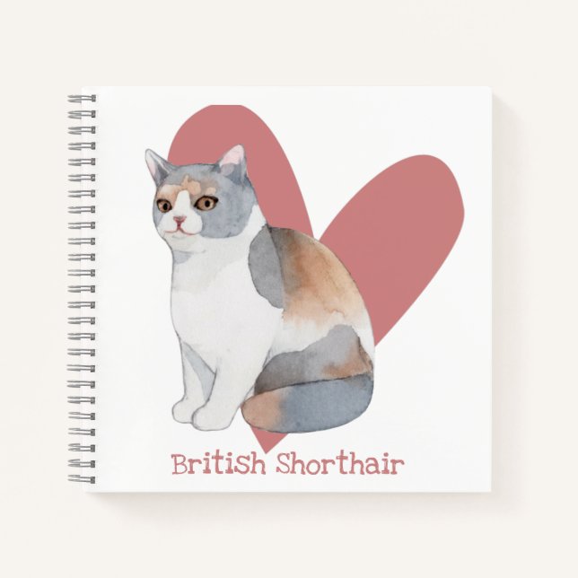 Carnet British Shorthair Chat Aquarelle Kitty Coeur rose (Devant)