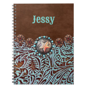 Carnet brun turquoise western pays à outils cuir
