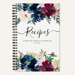 Carnet Budget Floral Navy Bleu Bourgogne Aquarelle Recett